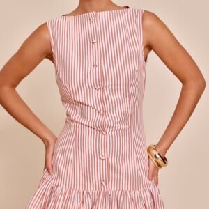 RUST STRIPED SATIN BUTTON DETAIL FLIPPY HEM BODYCON DRESS