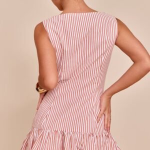 Alternative view of RUST STRIPED SATIN BUTTON DETAIL FLIPPY HEM BODYCON DRESS