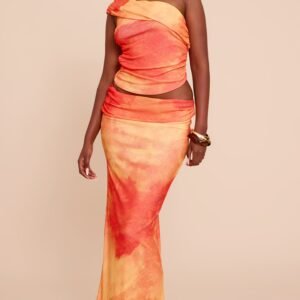 ORANGE ABSTRACT PRINT ONION SKIN LOW WAIST MAXI SKIRT