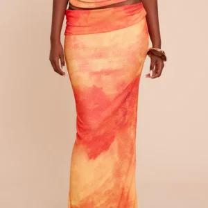 Alternative view of ORANGE ABSTRACT PRINT ONION SKIN LOW WAIST MAXI SKIRT