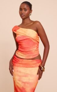 ORANGE ABSTRACT PRINT ONION SKIN RUCHED SIDE ASYMMETRIC TOP