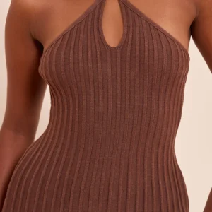 Alternative view of CHOCOLATE HALTERNECK BEAD DETAIL KNIT MINI DRESS