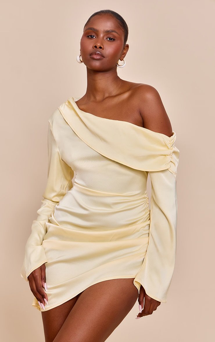 BUTTER CREAM SATIN ONE SHOULDER DRAPE BODYCON DRESS - Image 2