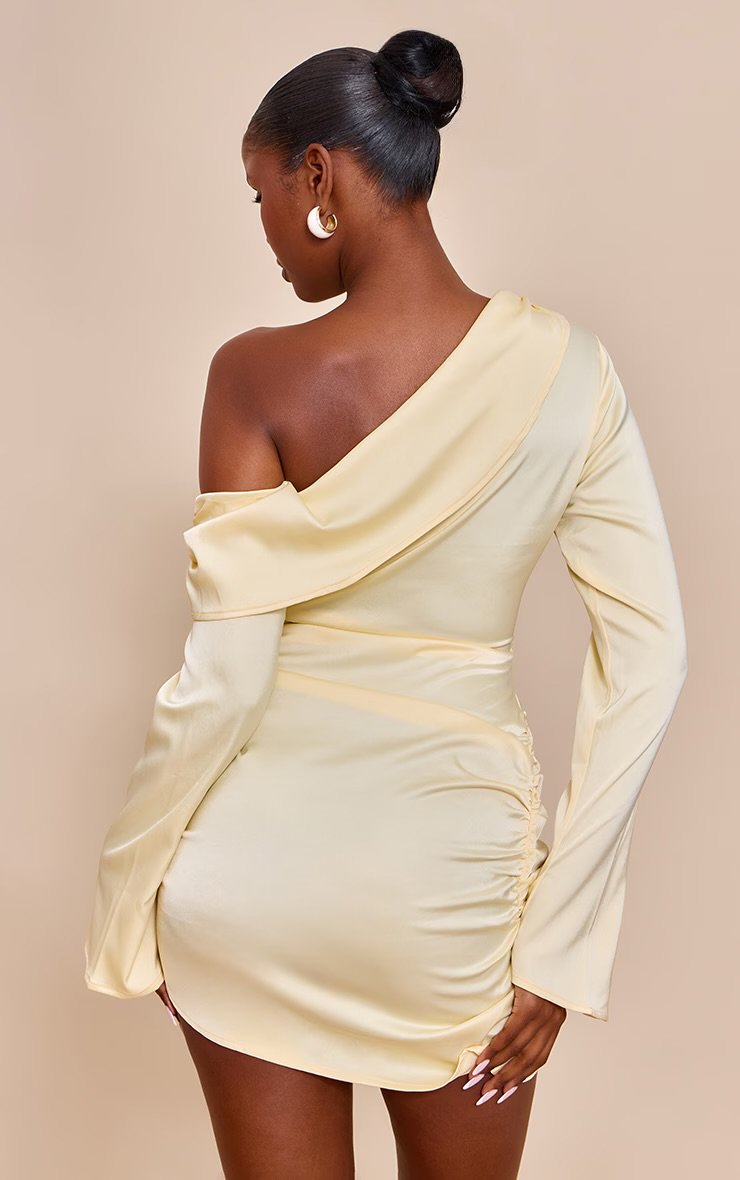 BUTTER CREAM SATIN ONE SHOULDER DRAPE BODYCON DRESS - Image 3