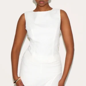 Alternative view of WHITE BOUCLE TIE BACK LONG TOP