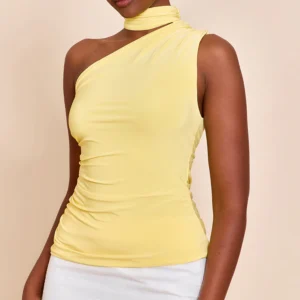 LEMON DOUBLE LAYER NECK DETAIL RUCHED DETAIL LONG TOP