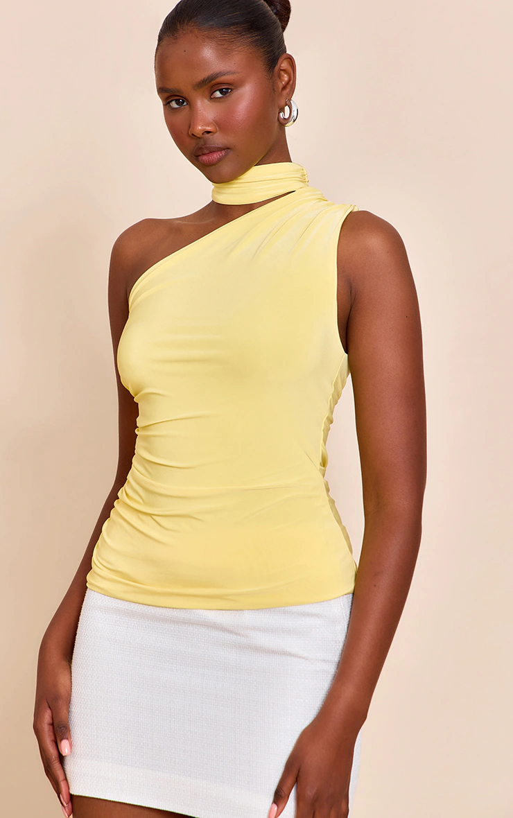 LEMON DOUBLE LAYER NECK DETAIL RUCHED DETAIL LONG TOP