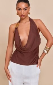 CHOCOLATE LINEN LOOK BEAD DETAIL COWL NECK TOP
