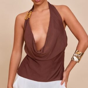 CHOCOLATE LINEN LOOK BEAD DETAIL COWL NECK TOP