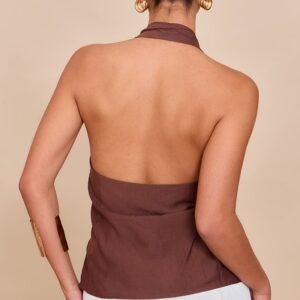 Alternative view of CHOCOLATE LINEN LOOK BEAD DETAIL COWL NECK TOP