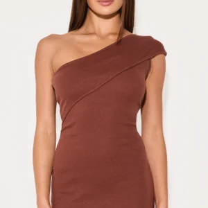 CHOCOLATE RIB FOLD ONE SHOULDER MINI DRESS